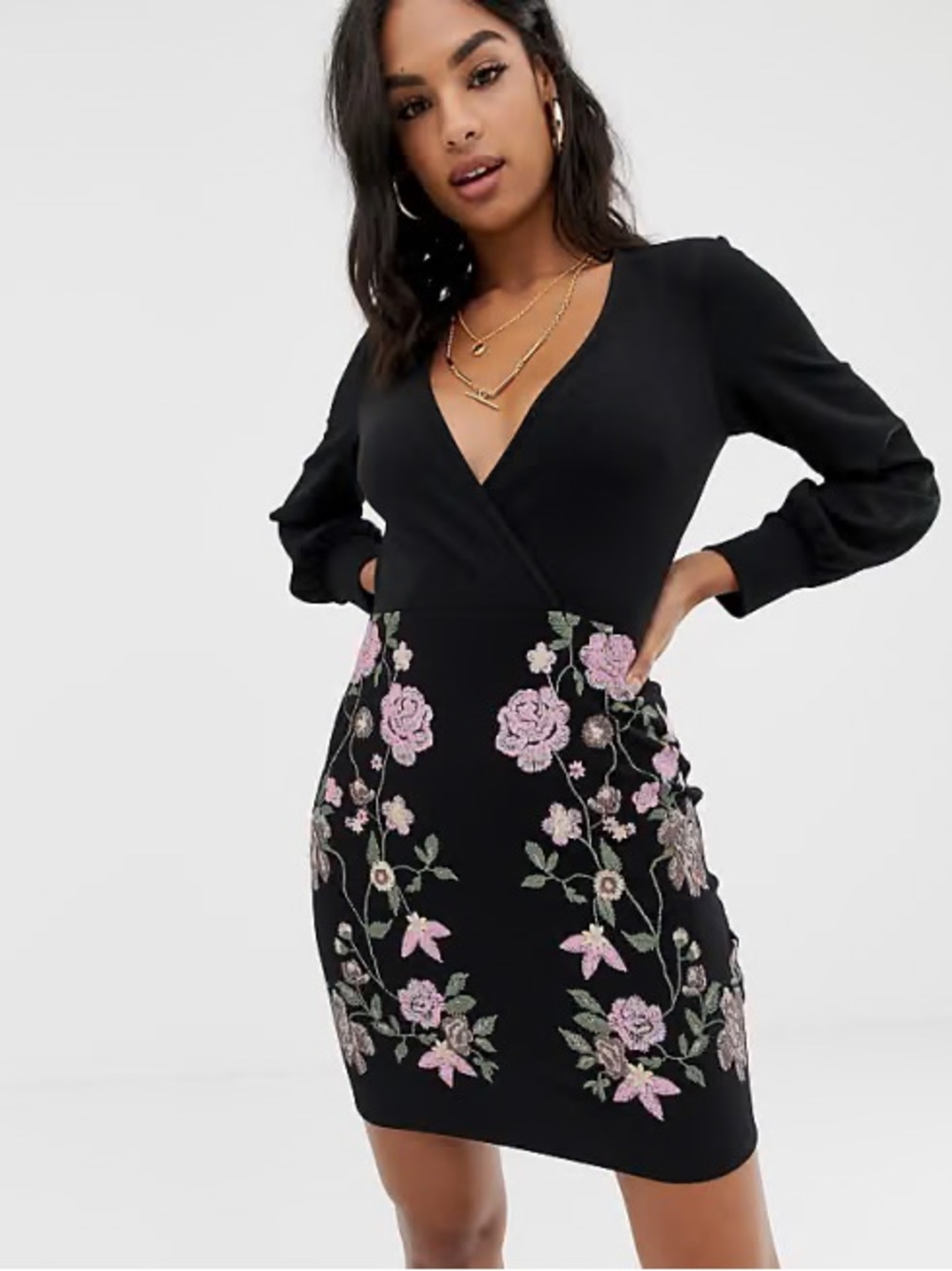 ASOS Black Crossover V-Neck Black Dress Floral Skirt NEW Women's Size 4 NWT